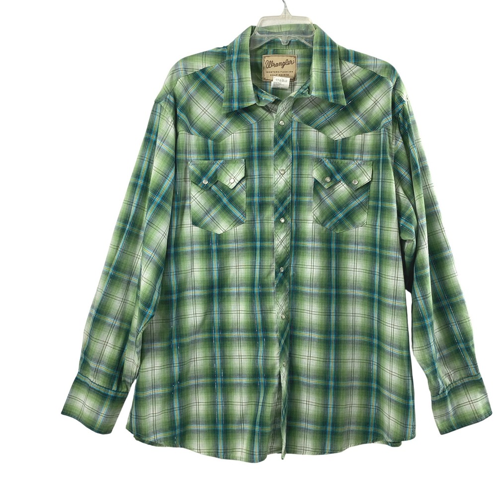 Wrangler Western Shirt Men XXL Green Blue Plaid Pearl Snap Silver Thread Cowboy